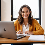 **

A person sitting at a desk in a cozy, well-lit study, surrounded by books and notes. They are smiling confidently, with a laptop displaying a SMART goal outlined. The overall atmosphere is one of focused learning and positive motivation. Focus on elements that convey organization (planner, tidy desk).

**