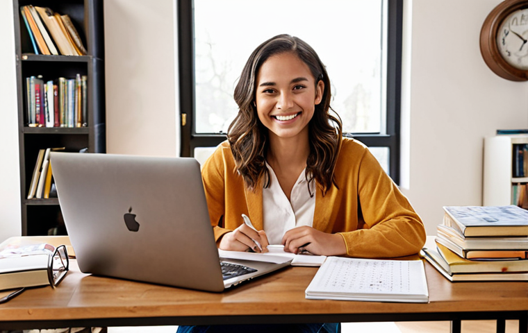 **
A person sitting at a desk in a cozy, well-lit study, surrounded by books and notes. They are smiling confidently, with a laptop displaying a SMART goal outlined. The overall atmosphere is one of focused learning and positive motivation. Focus on elements that convey organization (planner, tidy desk).
**