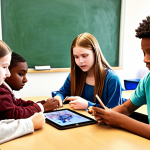 **A diverse group of students engaged in personalized learning activities, some using tablets, others collaborating on a project, with a tutor providing guidance. Emphasize a bright and supportive classroom environment.**
