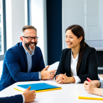 A diverse group of professional coaches and educators, fully clothed in modest business attire, are engaged in a vibrant collaborative discussion around a large table in a bright, modern co-working space. They are smiling, actively sharing ideas, and gesturing naturally, with a whiteboard in the background displaying collaborative notes. Perfect anatomy, correct proportions, natural poses, well-formed hands, proper finger count. High-resolution professional photography, natural lighting, crisp details. Safe for work, appropriate content, fully clothed, professional.