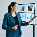 A professional female self-learning coach, fully clothed in a modest, elegant business suit, interacting with digital tools in a bright, modern digital studio. Her expression is focused and inspiring, embodying authentic online presence and community engagement. The background features subtle digital interfaces and a vibrant, engaging online community. Perfect anatomy, correct proportions, natural pose, well-formed hands, proper finger count, natural body proportions. Professional photography, high quality, safe for work, appropriate content, fully clothed, professional, modest clothing.