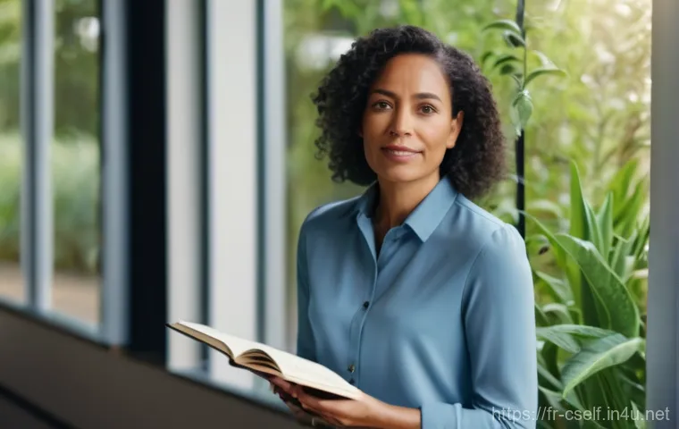 자기주도학습코치의 자기개발 사례 분석 - **Prompt:** A diverse female coach in her late 30s, with a warm and contemplative expression, sits p...