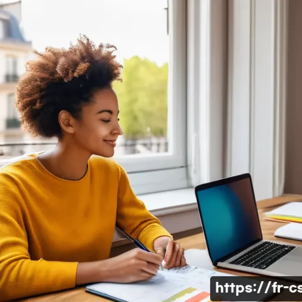 자기주도학습코치 전공 이수 사례 - A modern, bright coaching session in a cozy study room set in Paris, featuring a diverse adult learn...