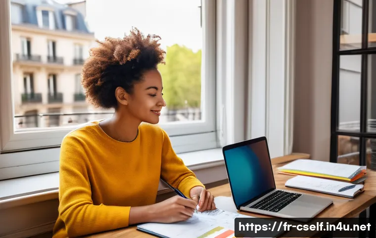 자기주도학습코치 전공 이수 사례 - A modern, bright coaching session in a cozy study room set in Paris, featuring a diverse adult learn...