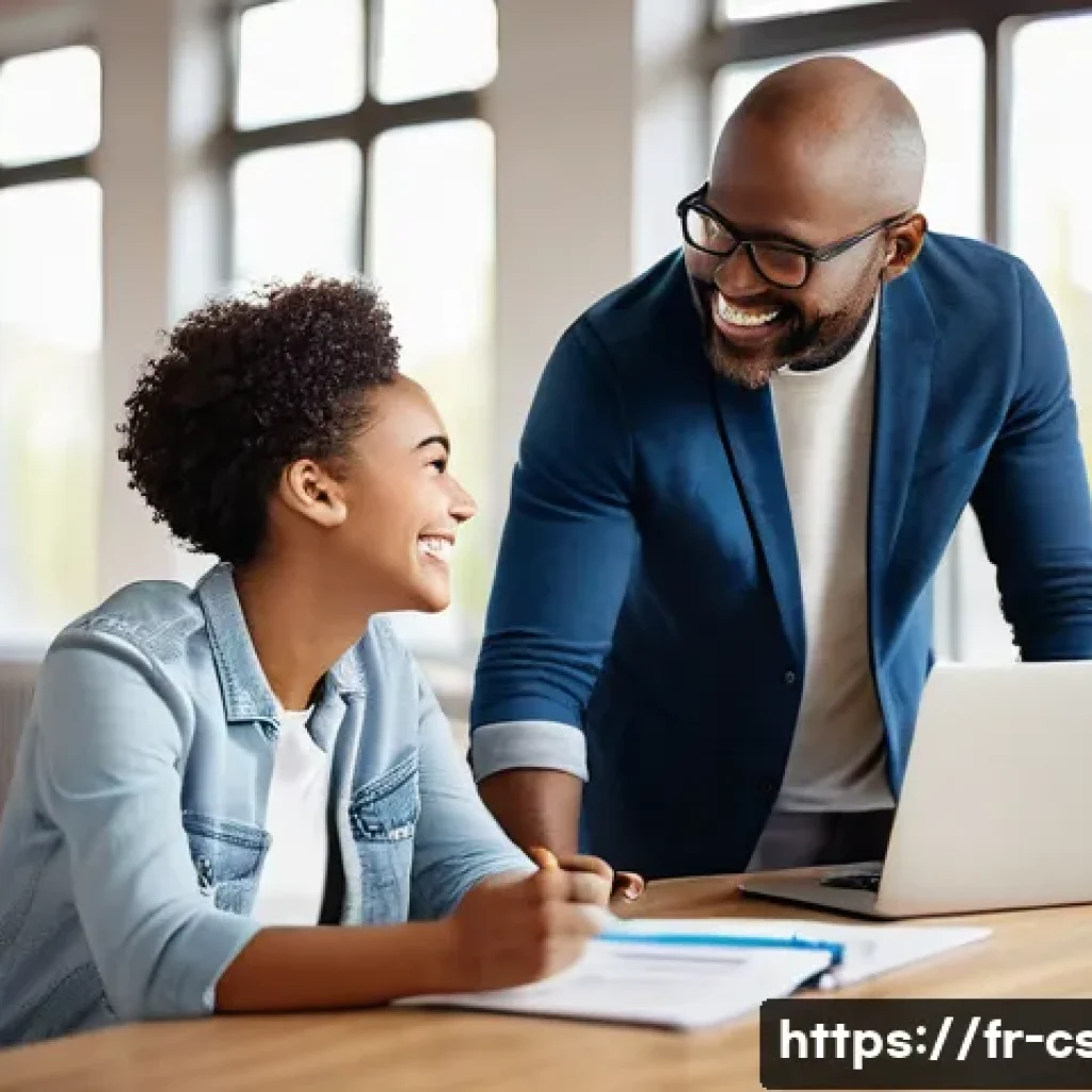 자기주도학습코치의 고객 만족도 관리 - A warm, modern coaching session scene in a bright, cozy office with a diverse adult learner and a fr...