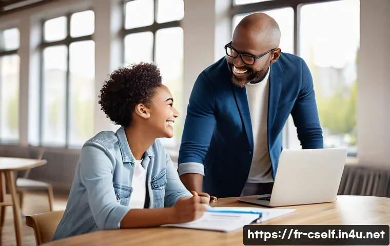 자기주도학습코치의 고객 만족도 관리 - A warm, modern coaching session scene in a bright, cozy office with a diverse adult learner and a fr...