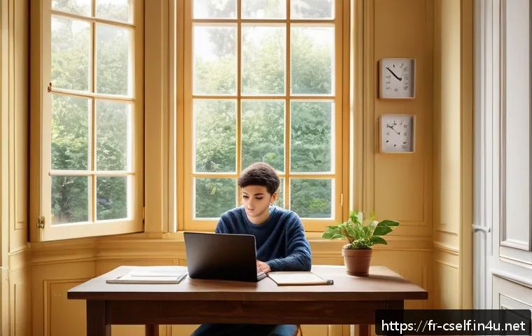 자기주도학습코치와 성인 학습법 - A modern French home study room bathed in soft morning light through large windows, featuring a youn...